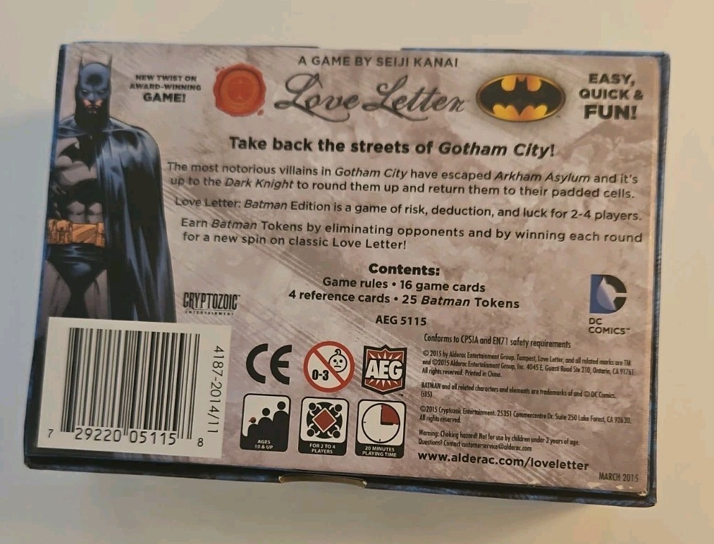 Batman Love Letter Board Game COMPLETE AEG Crytozoic