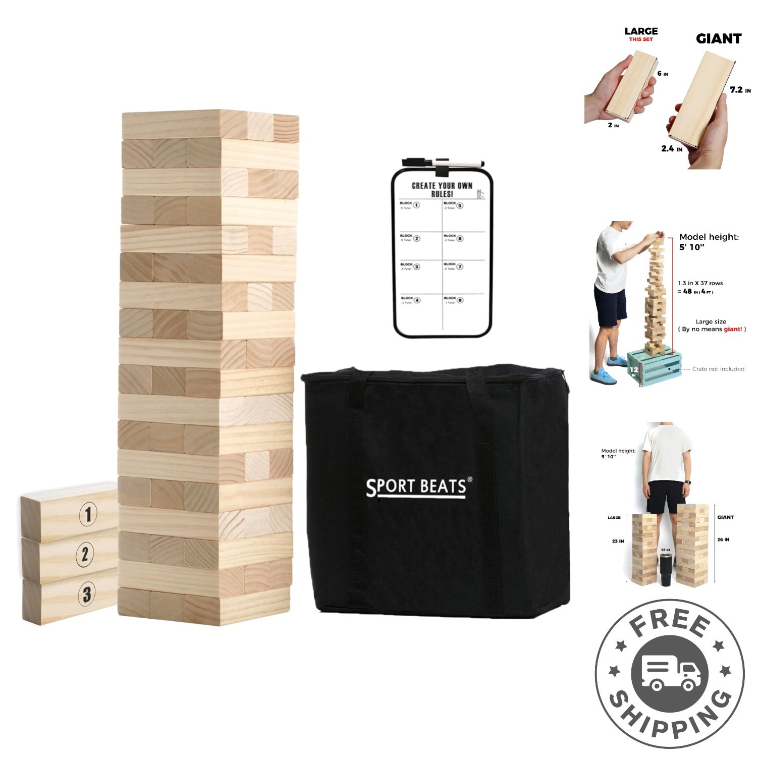 Outdoor Tower Game: 54 Large Stacking Blocks with Carry Bag & Scoreboard