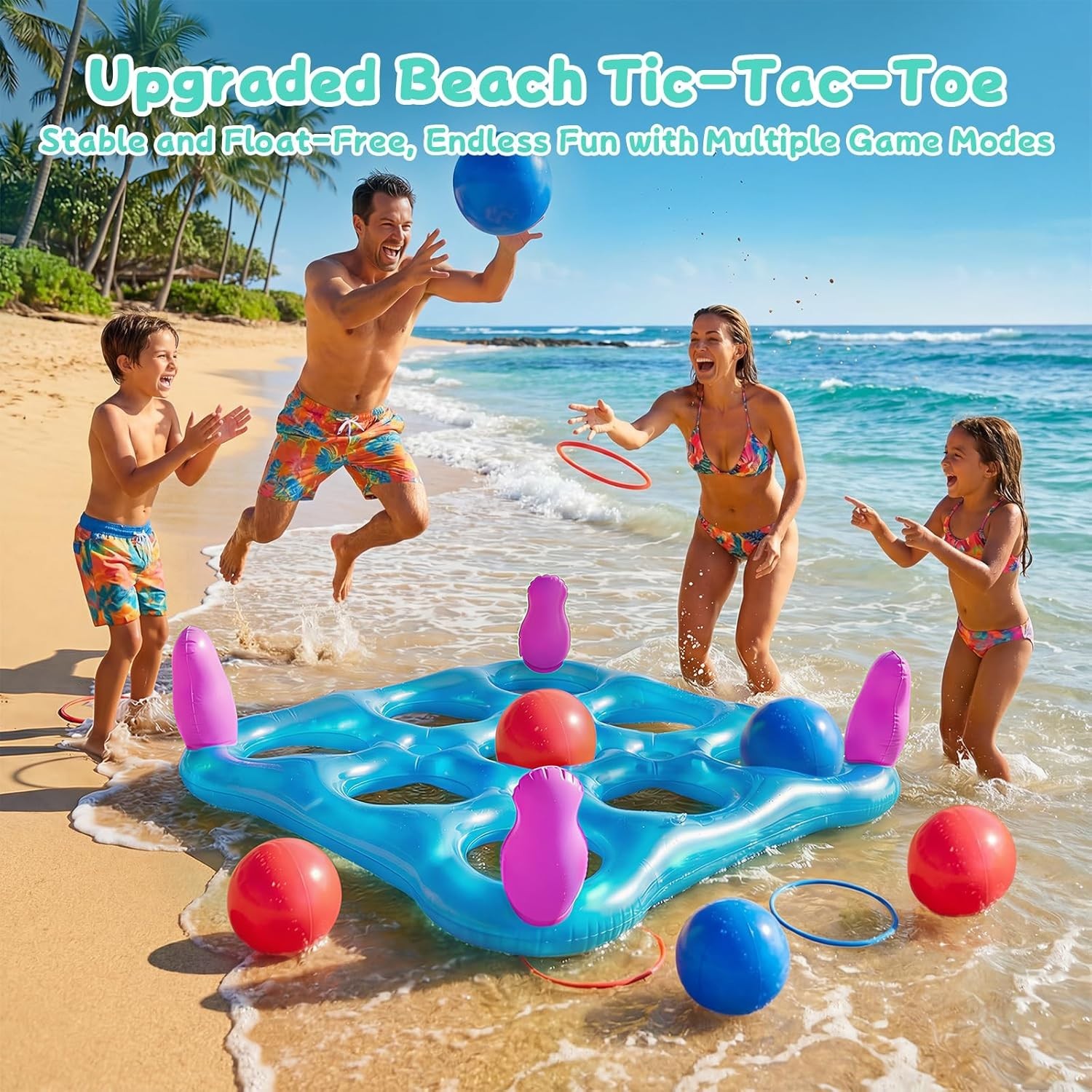 2-in-1 Premium Funny Inflatable Pool Game Modern Frosted Clear Tic-Tac-Toe & Rin