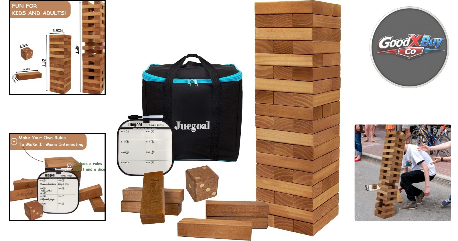 Giant Wooden Tumble Tower Game Set 54 Pieces with Dice & Bag for All Ages