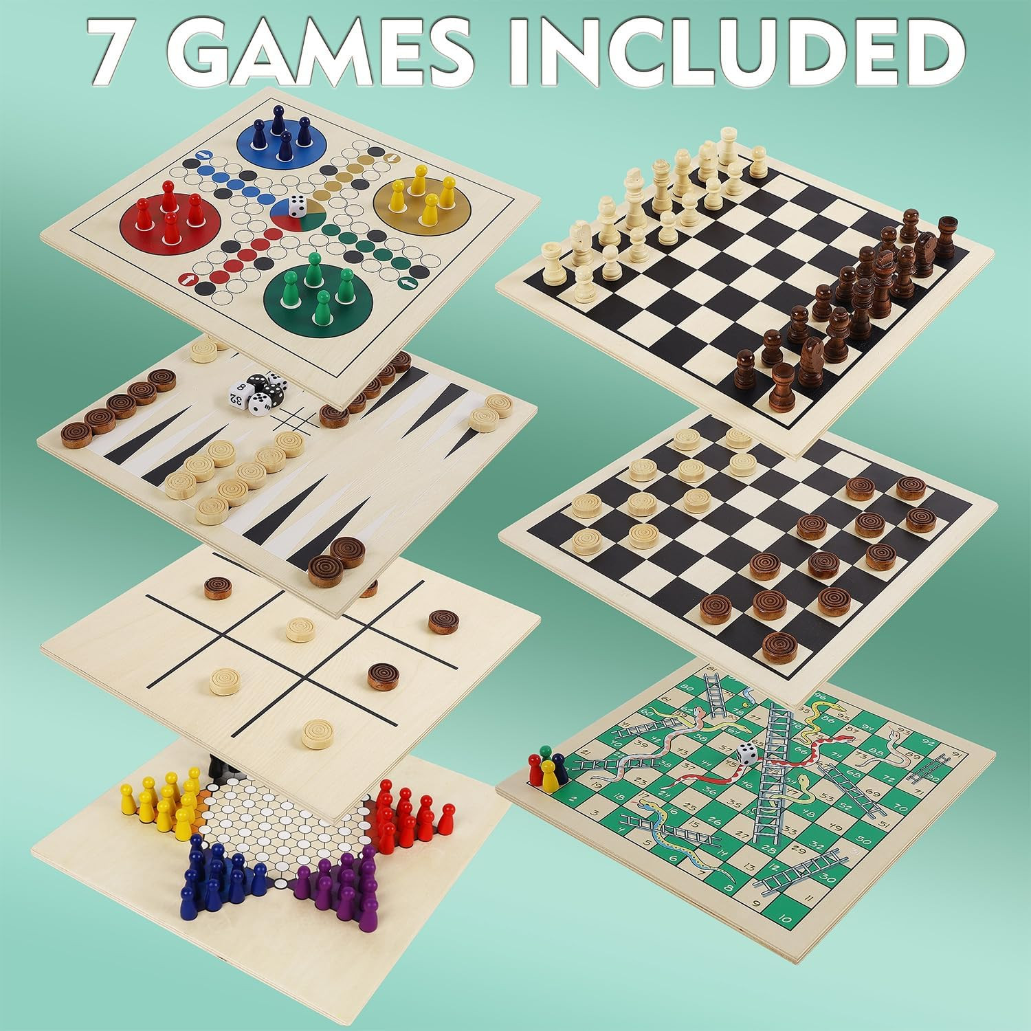 7-In-1 Wooden Board Game Set for Kids Adults, Tabletop Combo Classic Travel Port