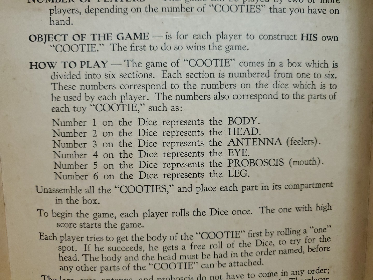 Vtg Bug Board / Dice Game: “COOTIE” 1949 Original Box W.H. Schaper MFG. Complete