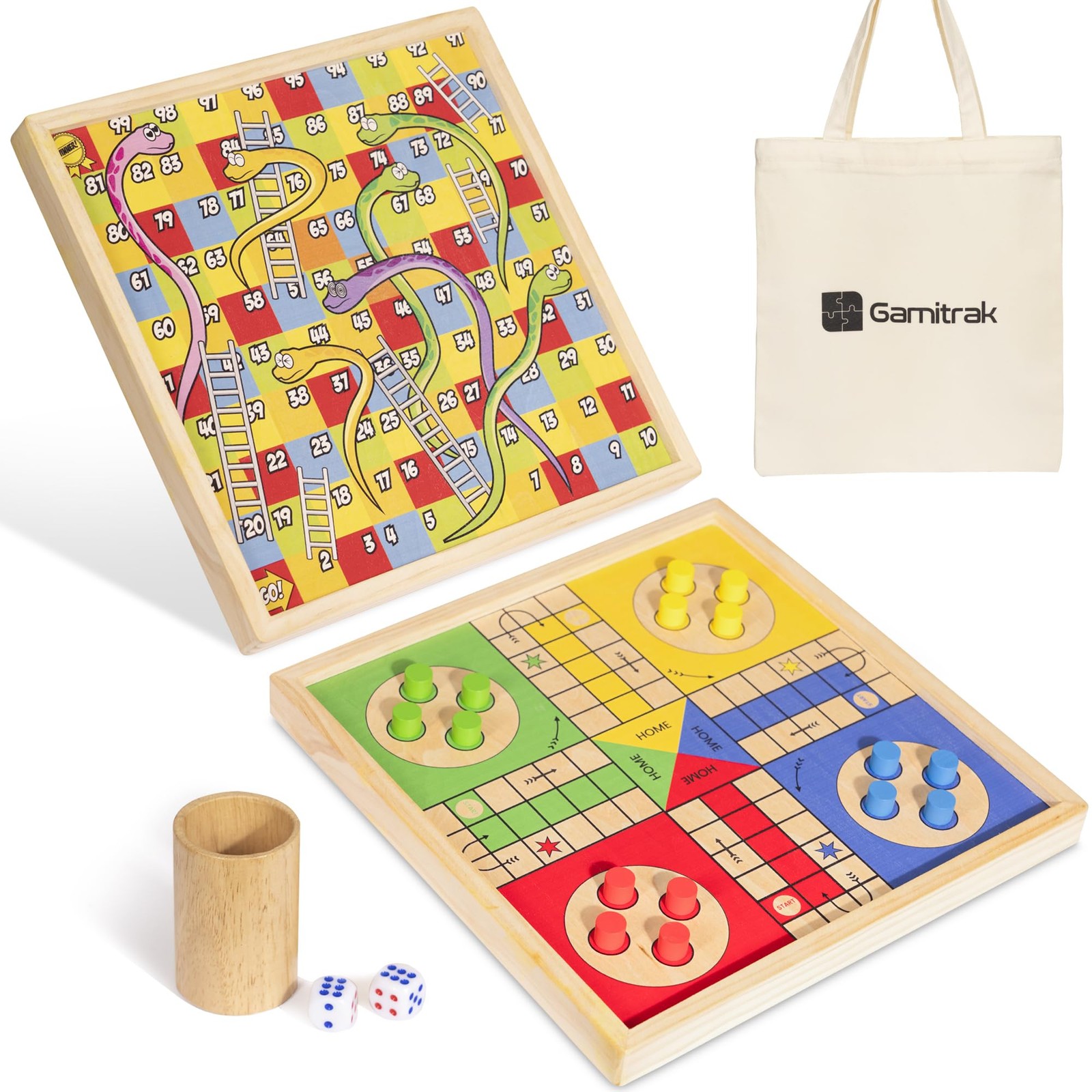 12 Inch Wooden Ludo Board Game & Snakes and Ladders 2-in-1 Reversible Classic…