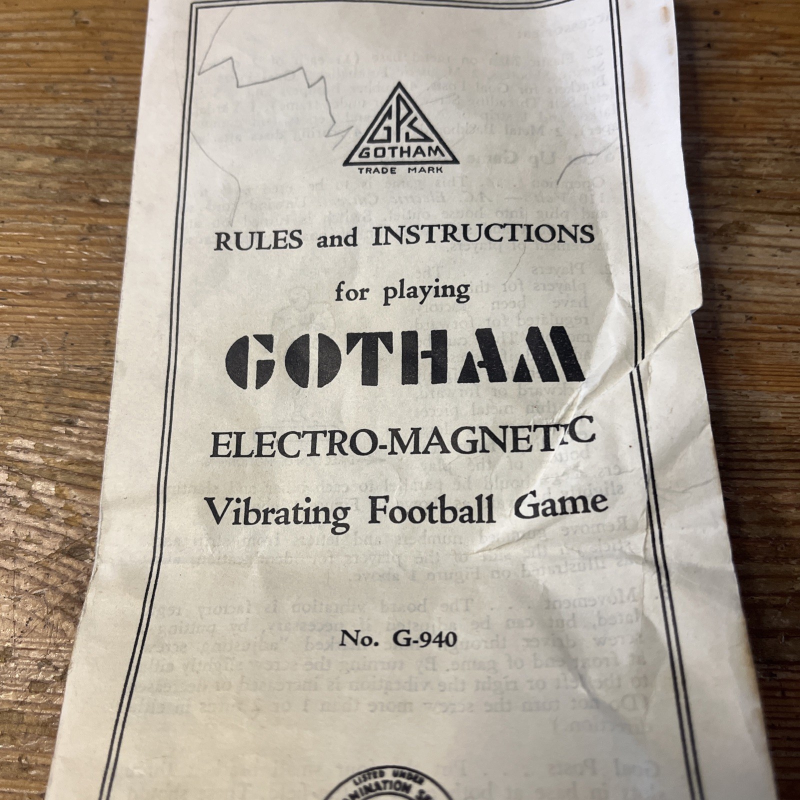 Vintage Gotham Electric Football Replacement Instruction Manual Booklet