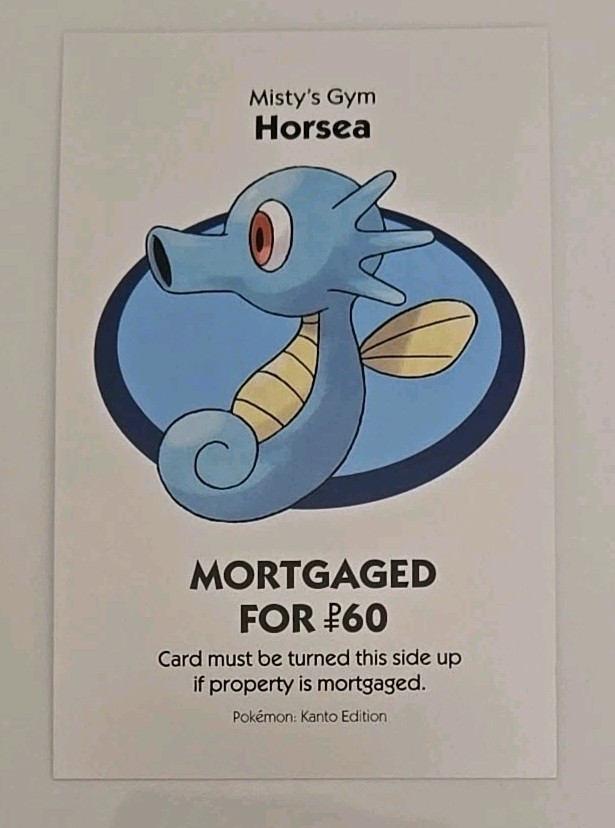 2014 Monopoly Pokémon Misty’s Gym Horsea Light Blue Title Deed Card Game Piece