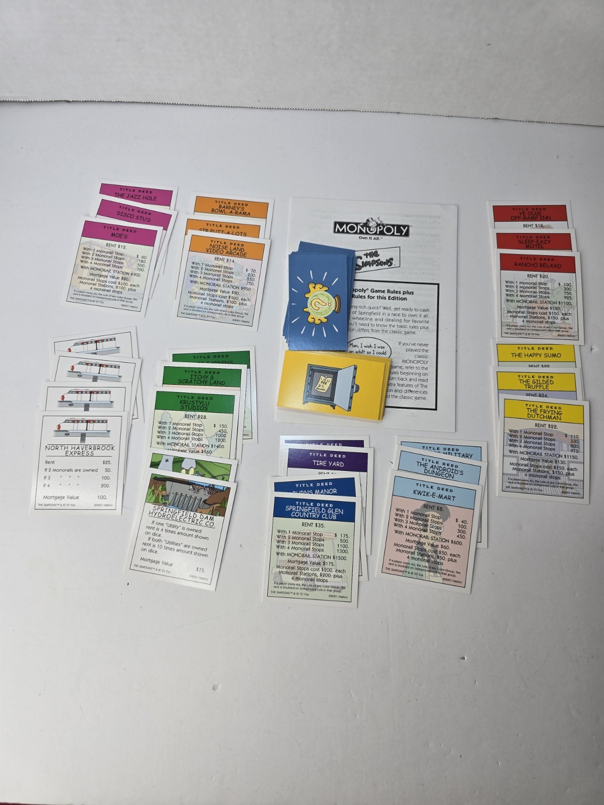 Monopoly The Simpsons 2001 Complete Title Deed Chance & Chest Replacement Cards