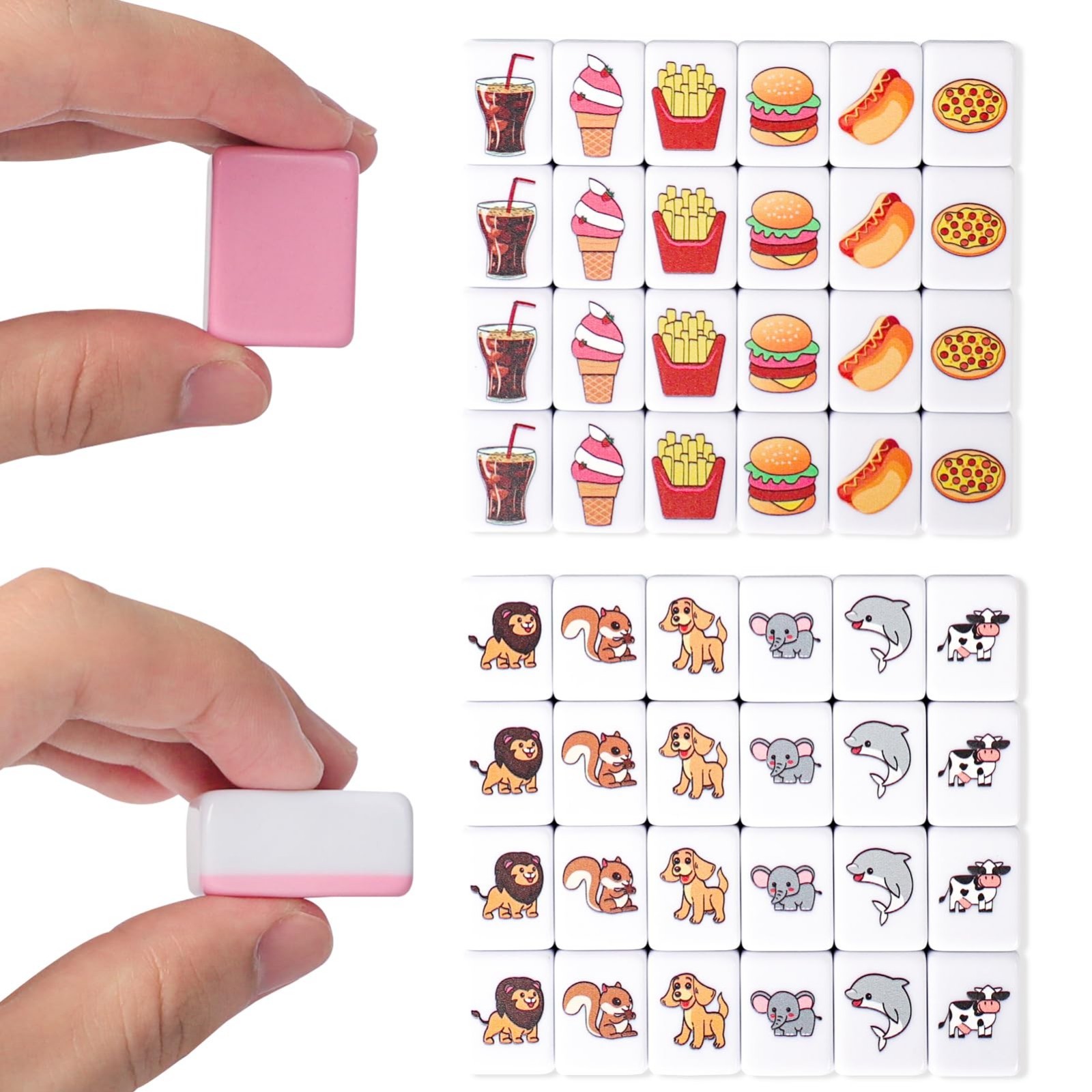 2 Player Mahjong Block Set – 50 Premium Pink Tiles, Animal & Food Patterns, Port
