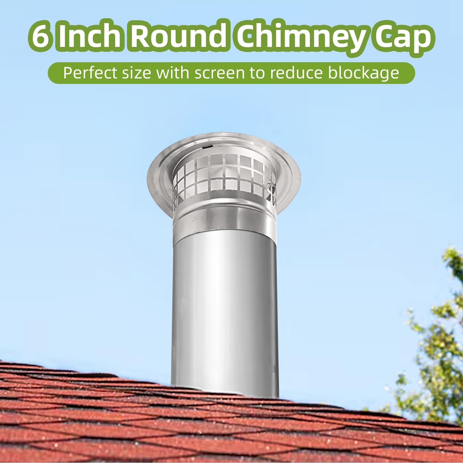 6 Inch Round Chimney Cap,Cone 6 inch Cap-Square Screen, Silver/Black