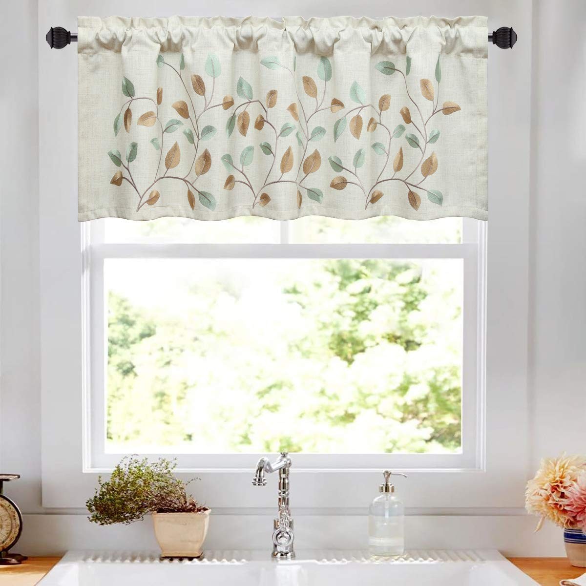 VOGOL Linen Valances for Bathroom, Natural Leaf 52″W x 18″L (Pack of 1), W014