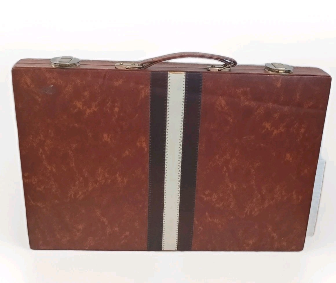 VTG 12″x 18″ Backgammon Set Brown Faux Leather Case Complete Some Chip Damage