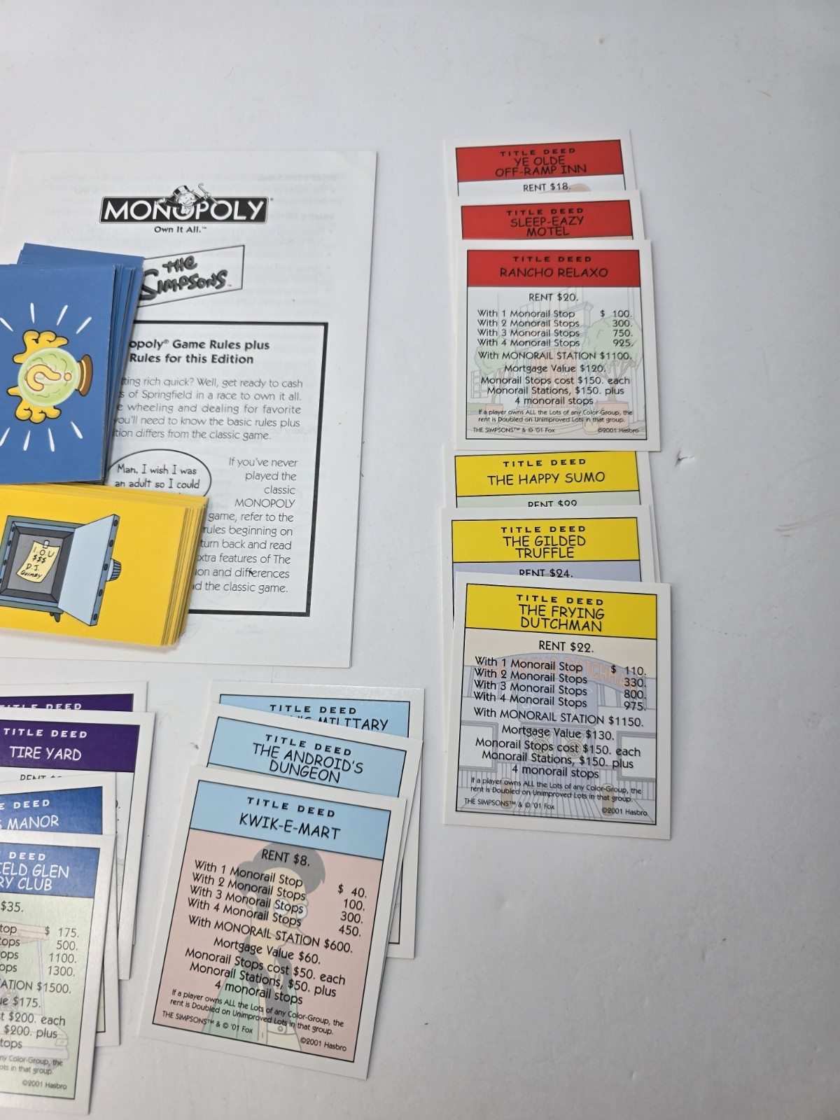 Monopoly The Simpsons 2001 Complete Title Deed Chance & Chest Replacement Cards