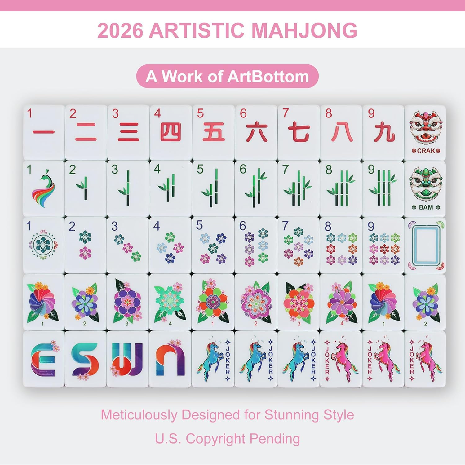 American Pink Mahjong Tile Set – Mah Jongg Tiles Game Sets – 166 Complete Cute T