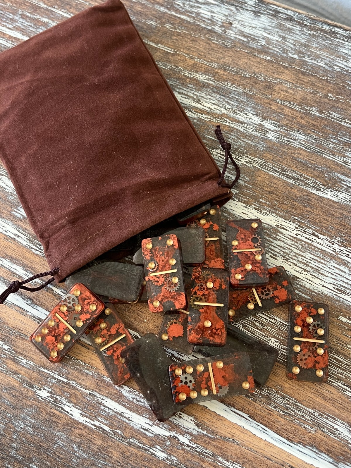 Old World Steampunk Resin Dominoes Game with Velvet Bag 28 pieces Handmade Gift
