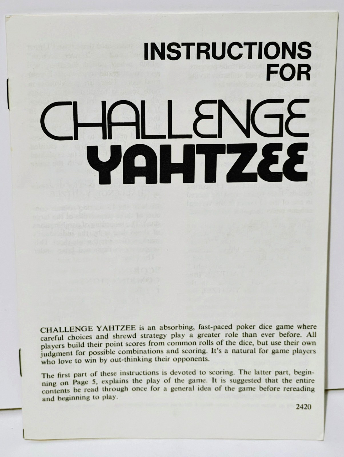 Challenge Yahtzee – Milton Bradley Board Game – Complete – Vintage 1978