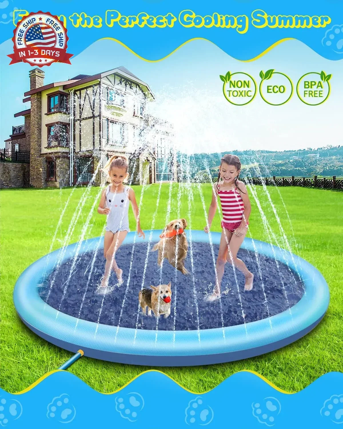 Raxurt Splash Pad, 87in Anti-Slip Splash Pad for Kids Dogs Thickened Durable Bat