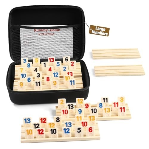 Rummy Cube 6 Player Game Set – 160 Large Number Tiles, Wooden Racks & Travel Cas