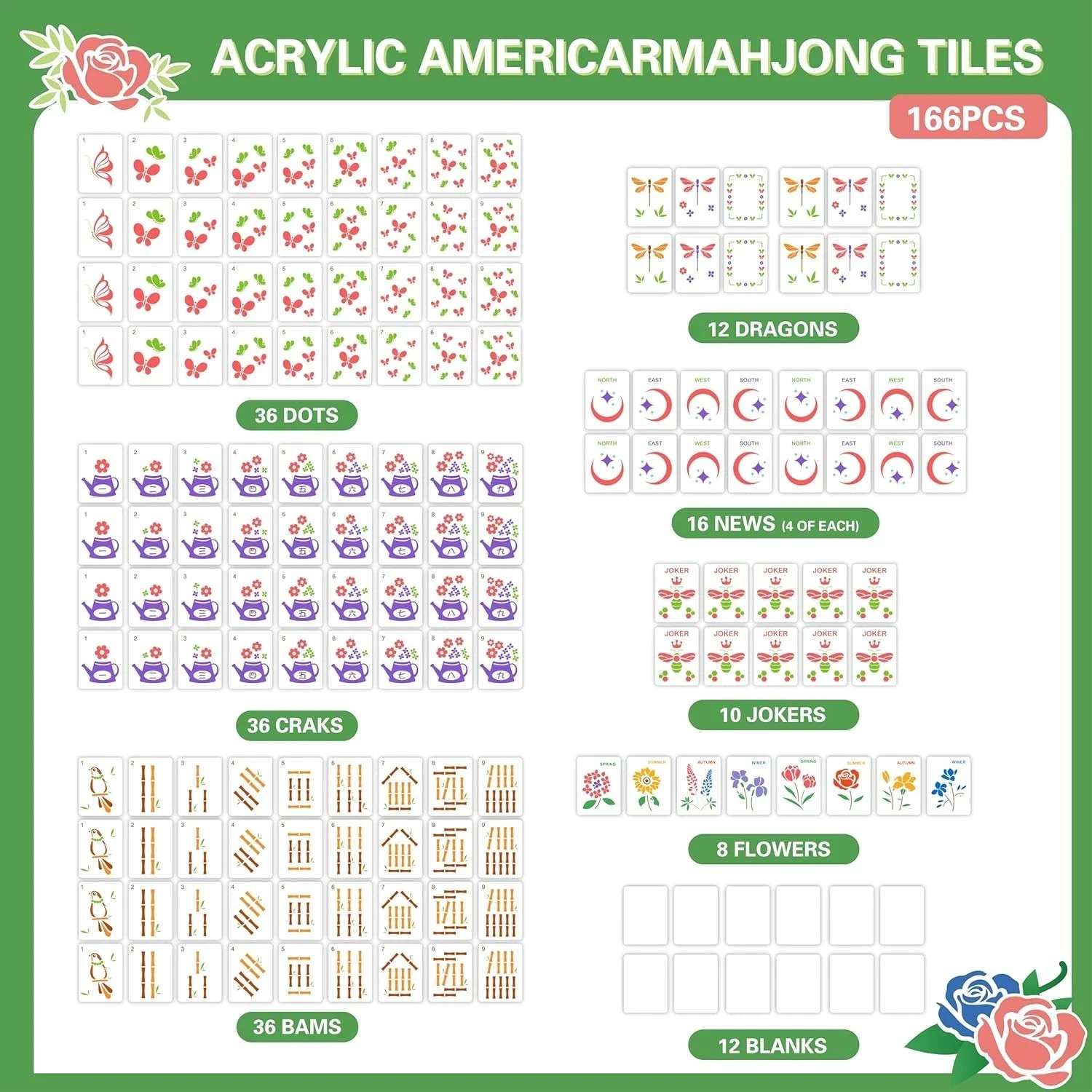 American Mahjong Tile Set, 166 Green Mahjong Tile Set American, Acrylic Engraved