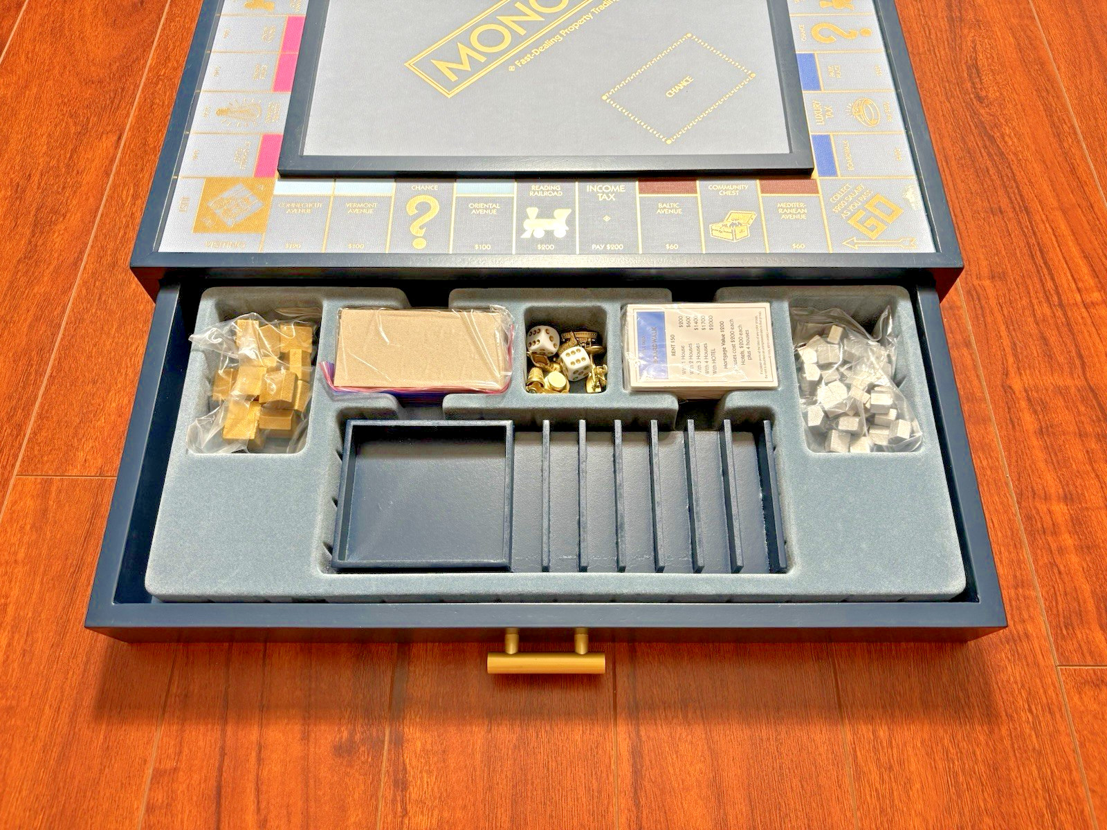 Monopoly Luxe Edition Wooden Board Game Navy Blue Gold Foil WS Game Company