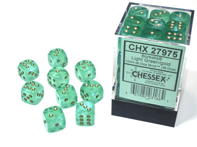 Chessex Borealis Light Green Gold 12MM Dice Block 36 dice Green CHX27975 NEW