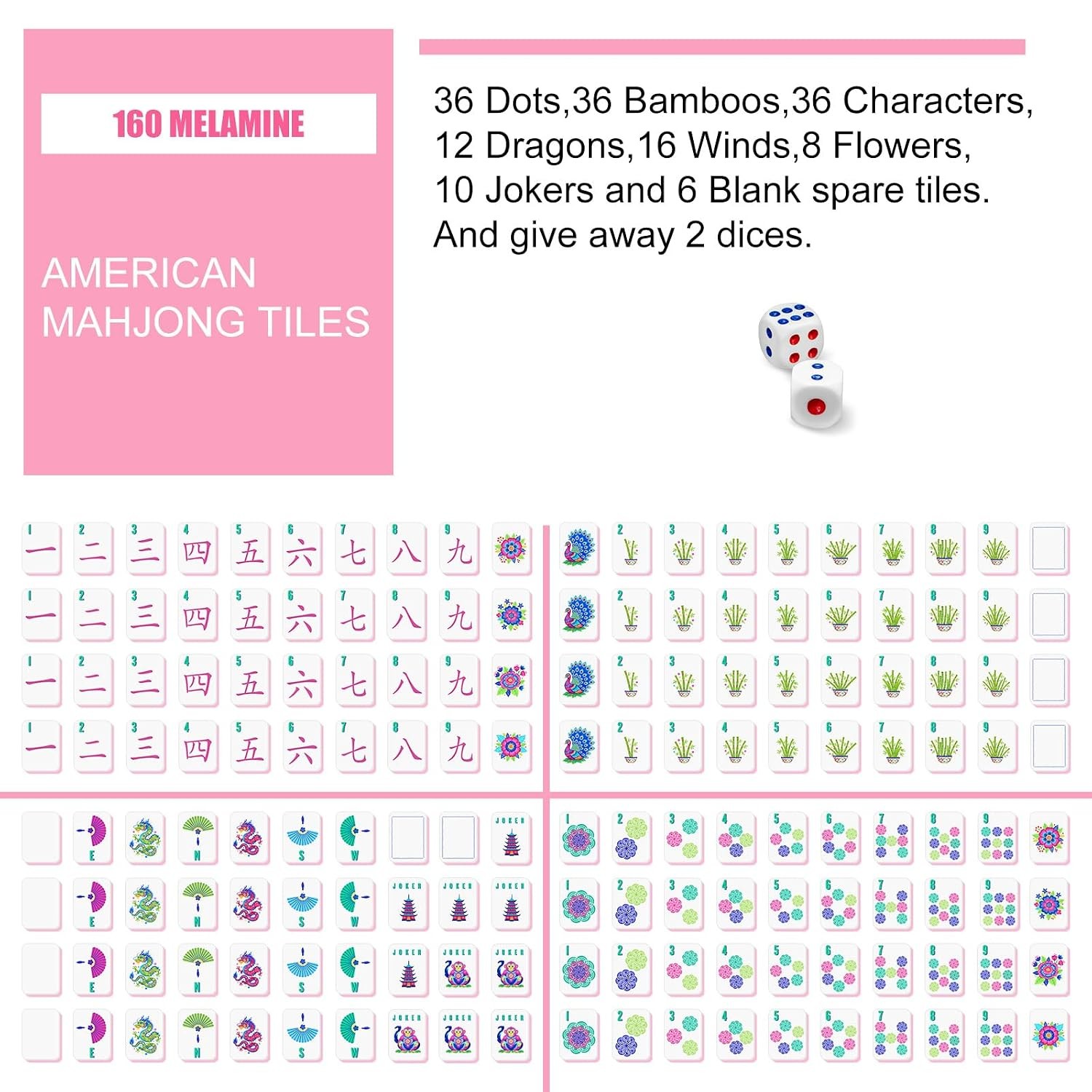 American Mahjong Tiles 160 Piece Set 1.2 Inches Mahjong Game Accessories