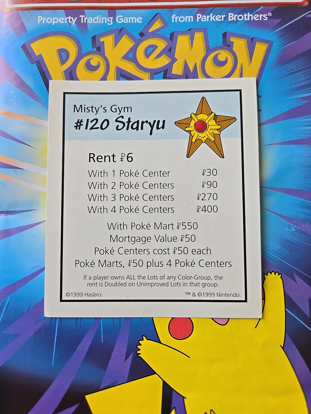 1999 Monopoly Pokémon #120 Staryu Light Blue Title Deed Card Game Piece Part