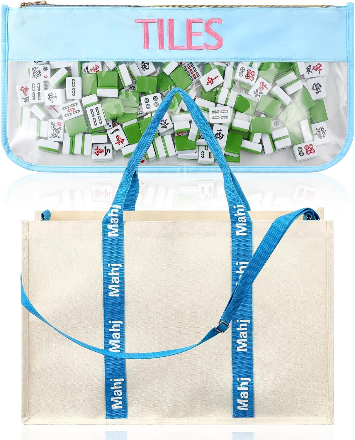 2 Pcs Embroidered Mahjong Canvas Tote Bags Large Empty Mah-Jong Tile Bag Mahjon