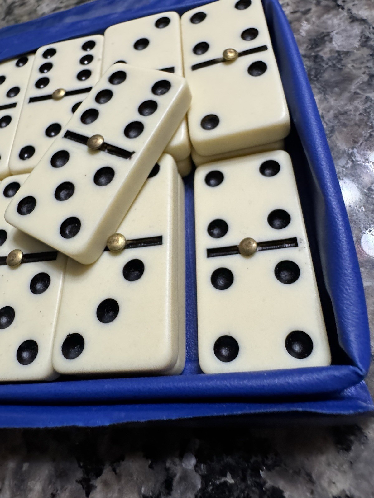 Vintage Supreme Double Six Dominoes – 28 Dominoes in Blue Vinyl Case