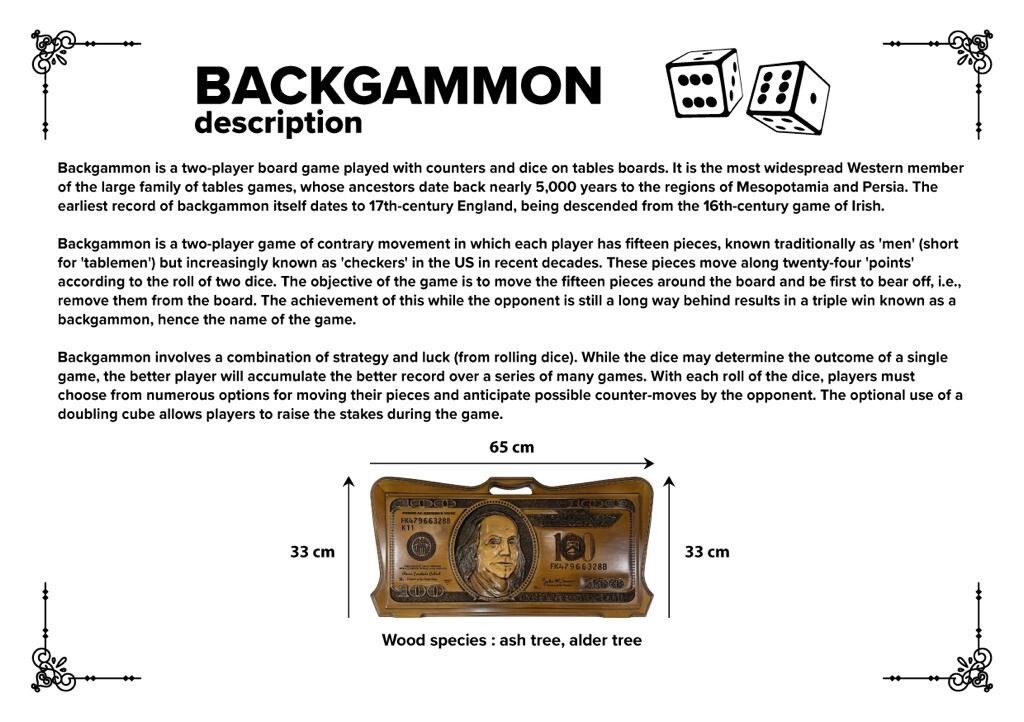 Backgammon Board w/ Checkers Benjamin Franklin Custom Design Alder and Ash Wood