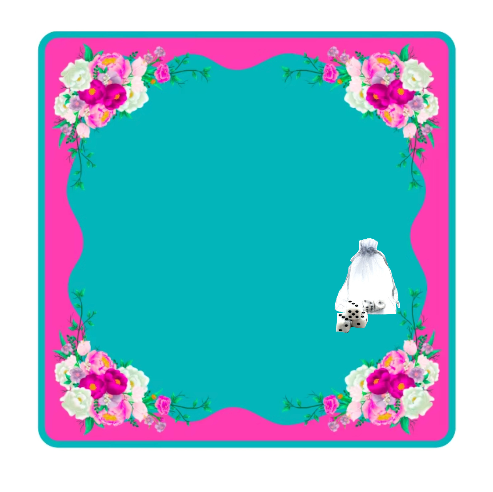 Mahjong Mat Fuchsia Fun Flowers, Pearl Dice,Neoprene Back, Turquoise, Large 31.5
