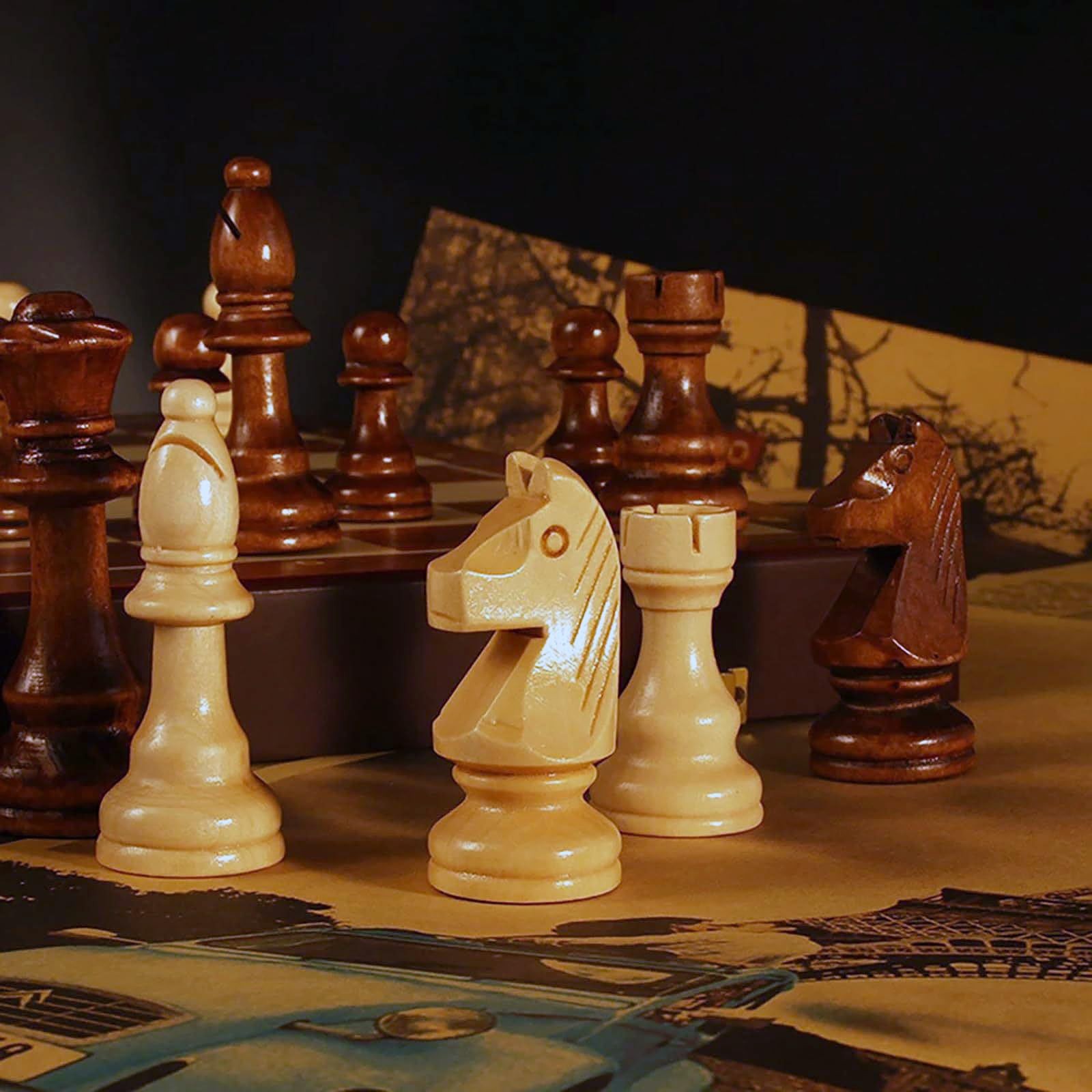 15″ Folding Walnut Chess Set Board W/ Storage Portable Travel Game 2 Queens