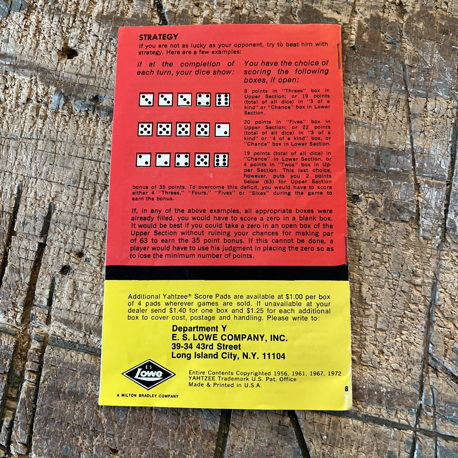 Vintage E.S. Lowe Co. Yahtzee Instruction Manual Pamphlet 1972 Manual Only