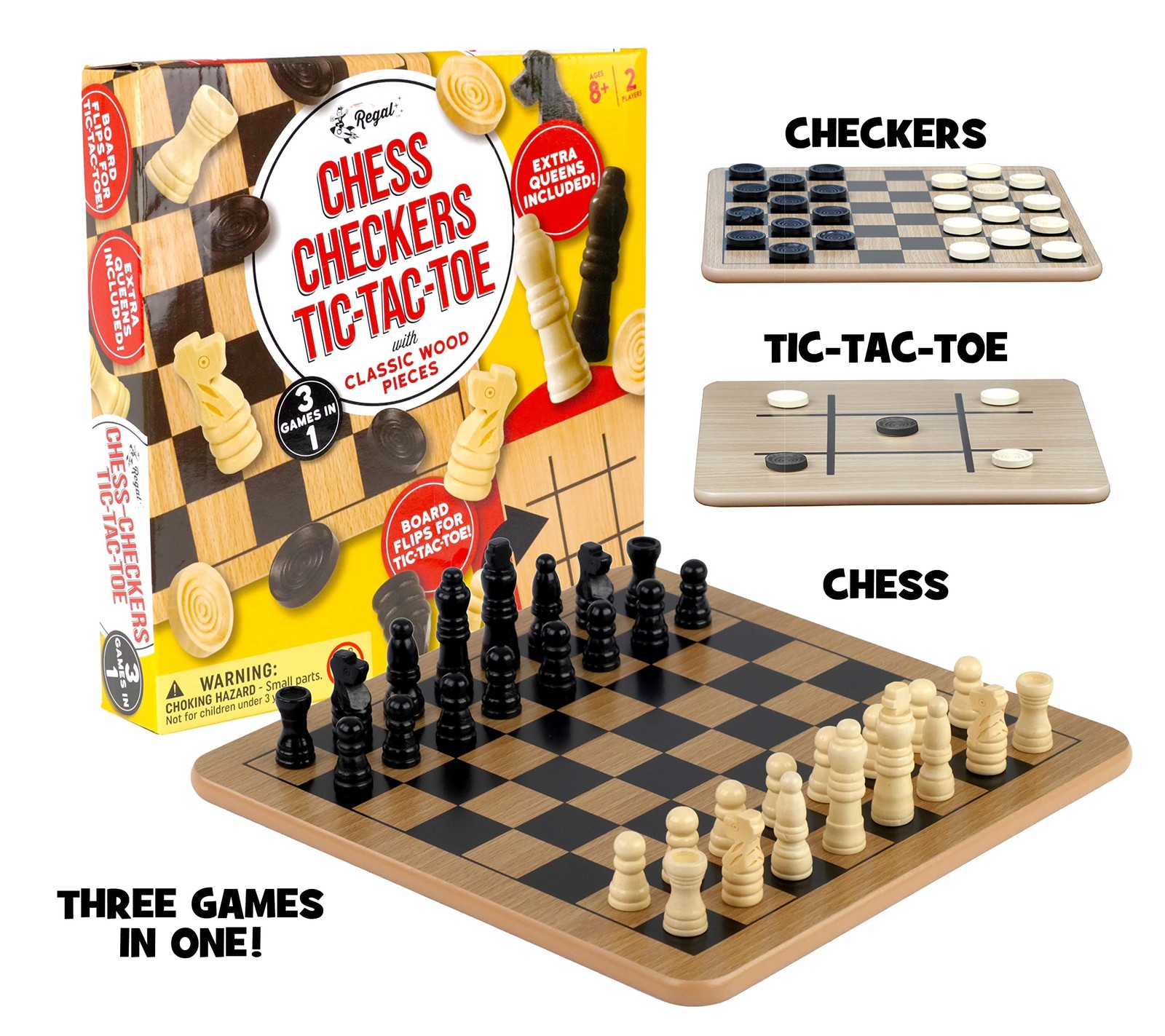 Reversible Wooden Game Board Chess Checkers Tic Tac Toe Set Pieces Family Fun