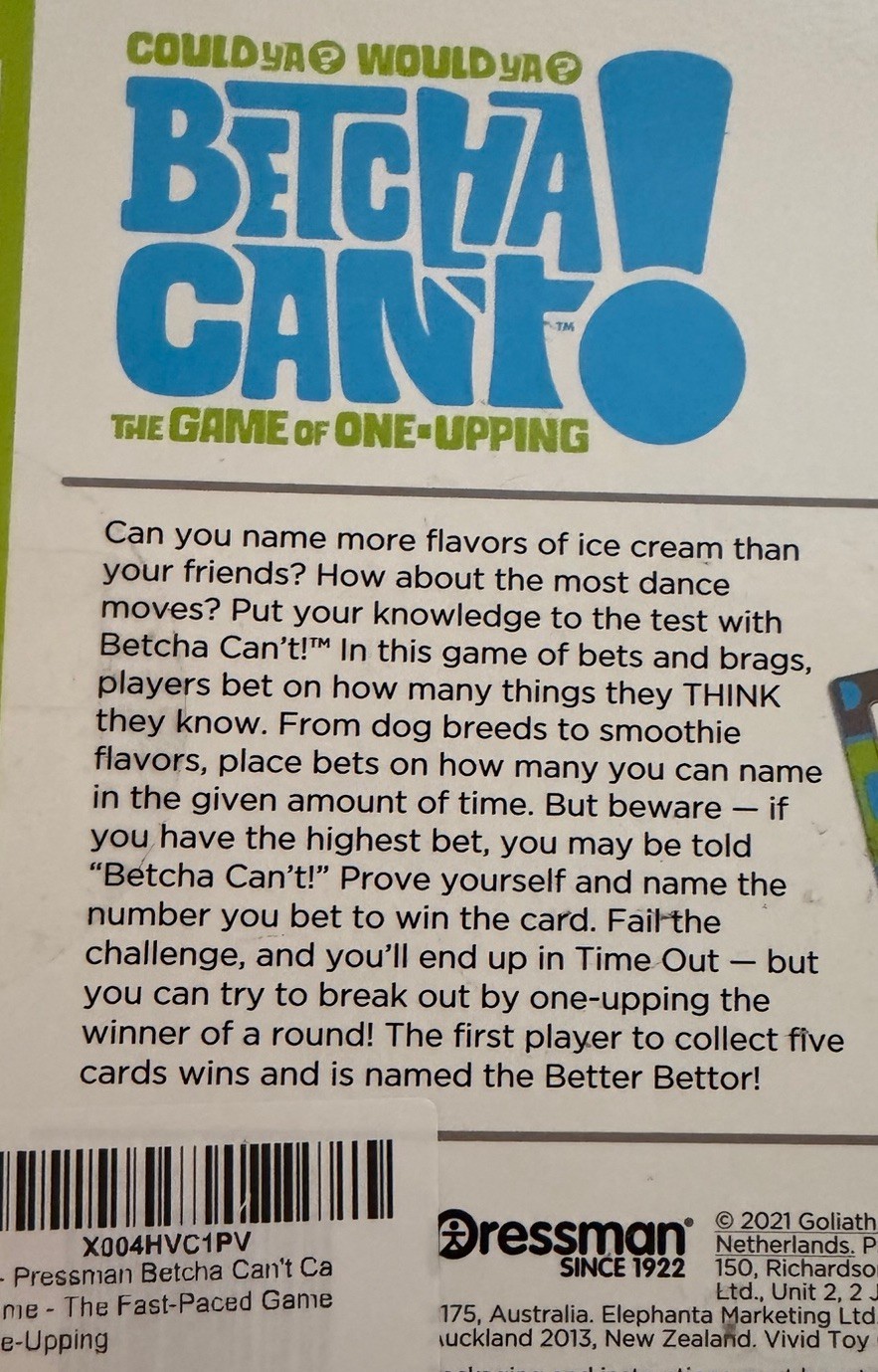 Betcha Can’t Board Game of One Upping Young Inventor Challenge Award Winner -NEW