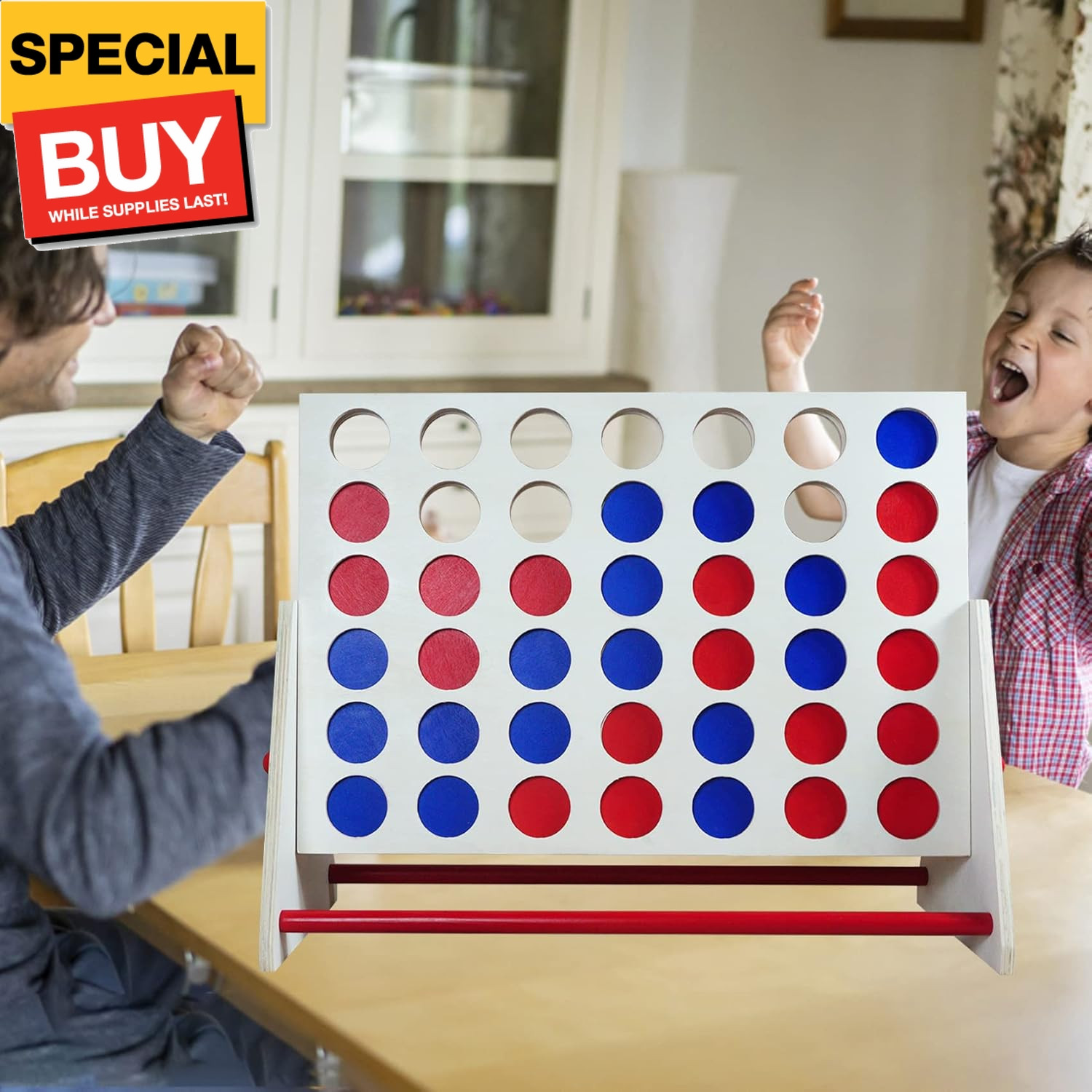 Portable Wooden 4 in a Row Game, Classic Wooden 4-to-Score Game Set with Coins &