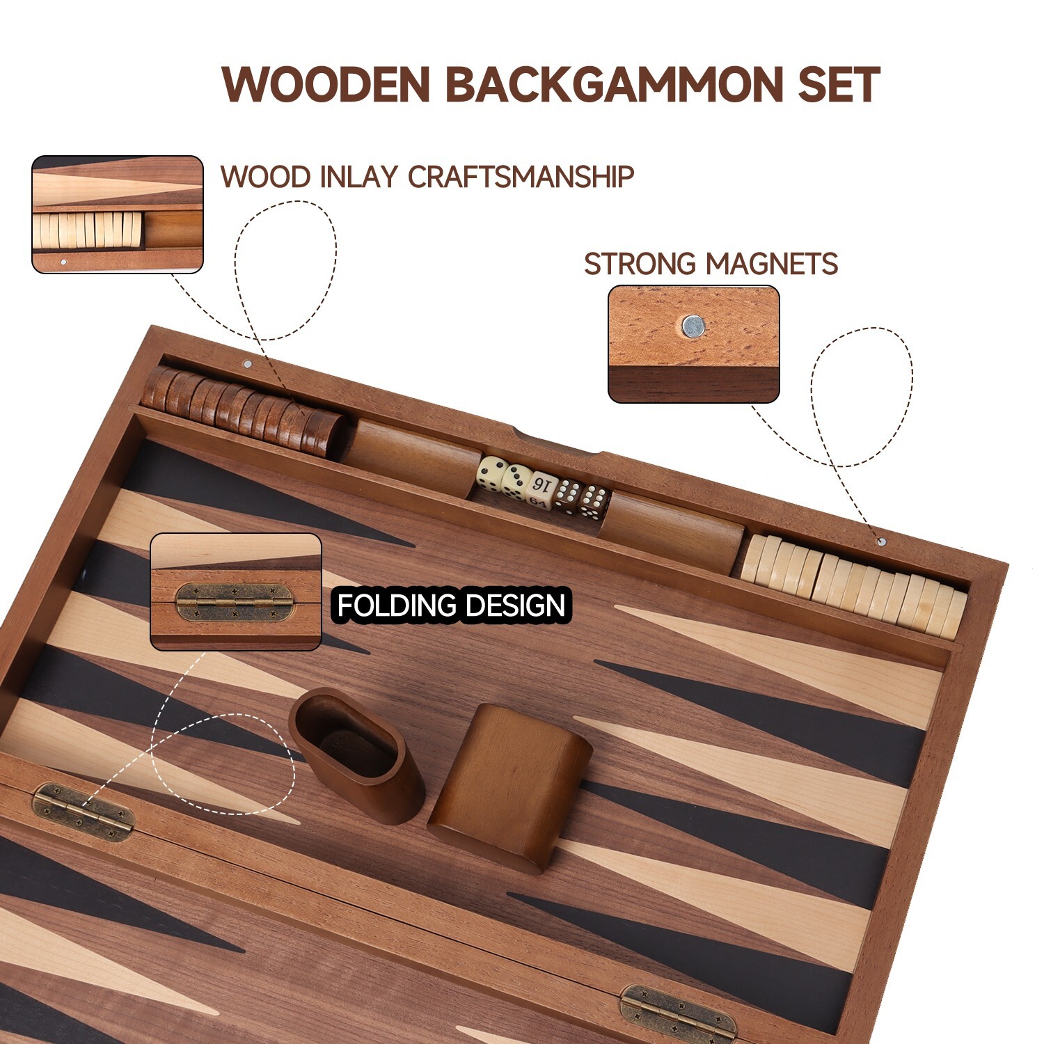 21″ Large Wood Backgammon Board Game Set.Inlay Double Stripe Board w/Game Pieces