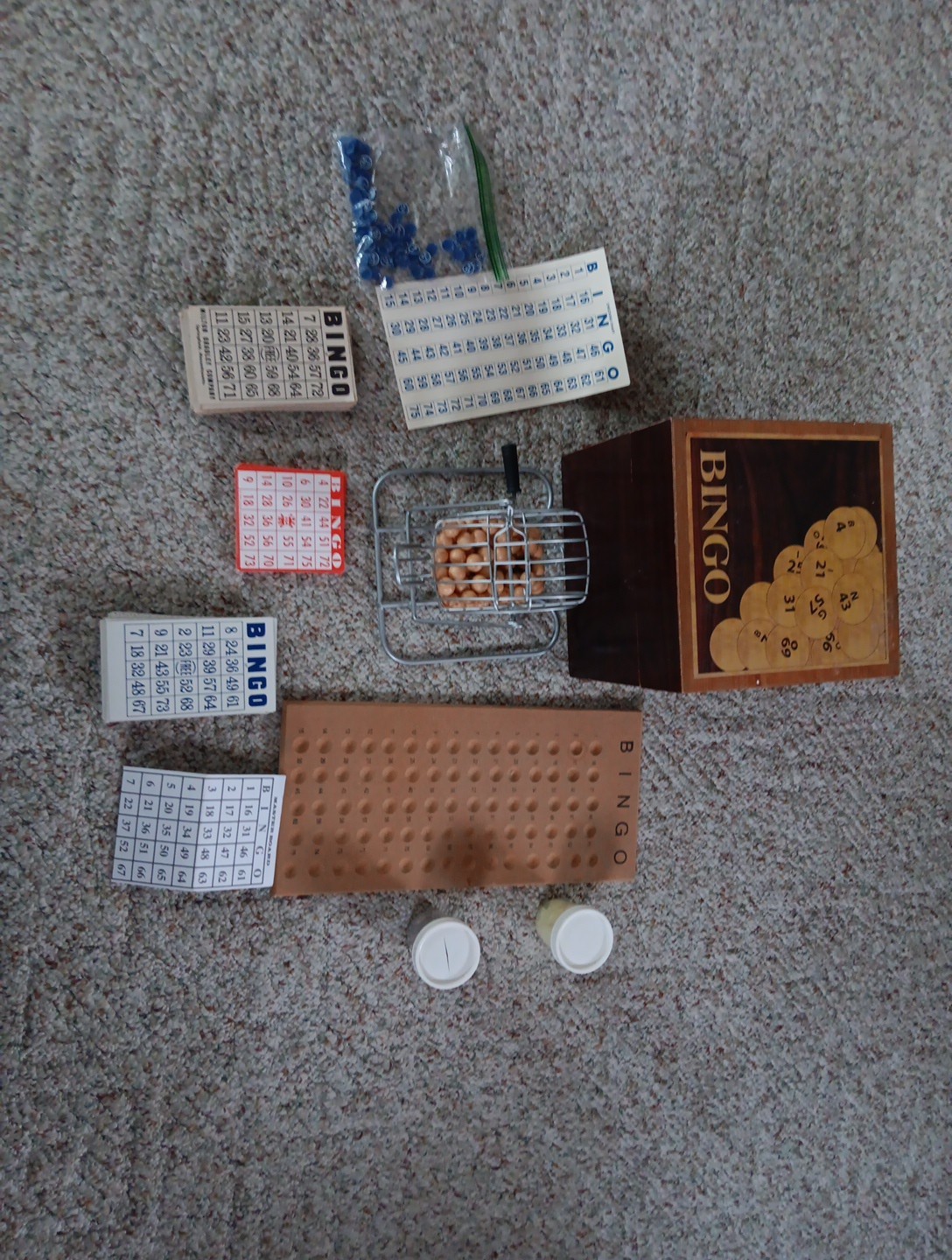 Bingo Set Wooden Case, Wood Master Board, Balls & Number Covers, Cards, Cage