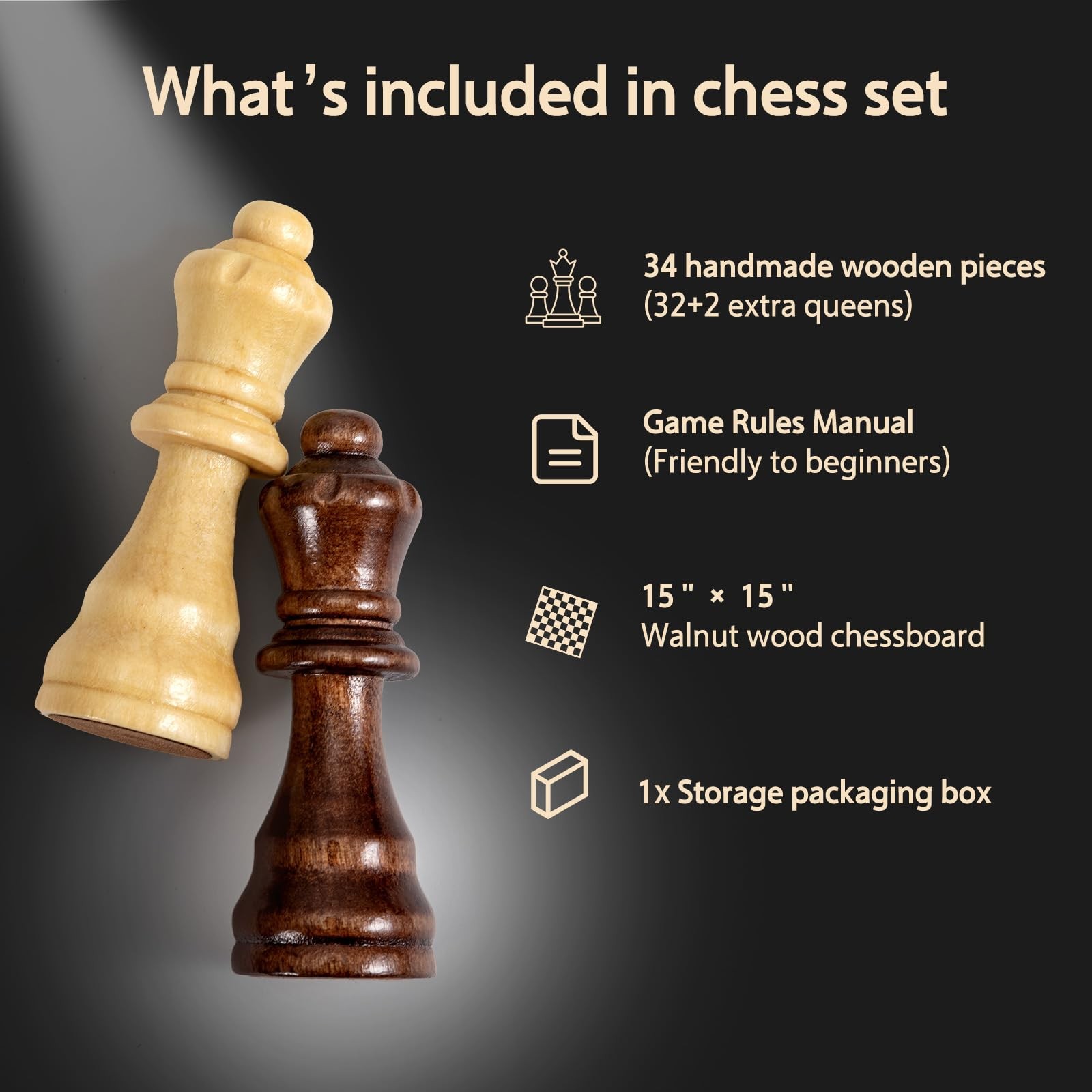 Chess Set Board Games for Adults: Handmade Walnut Wooden 15 2 Extra Queens