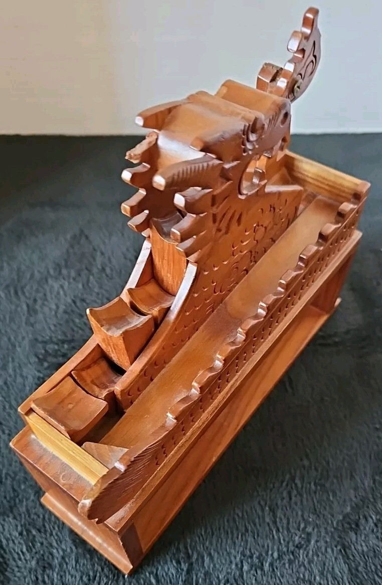 Unique Asian Dragon Themed Handmade Wooden Camshaft Marble Ball Mover Roller Vtg