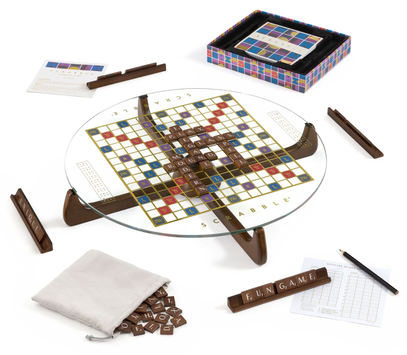WS Game Company SCRABBLE Prisma Glass Edition with Rotating Board Lazy Susan New