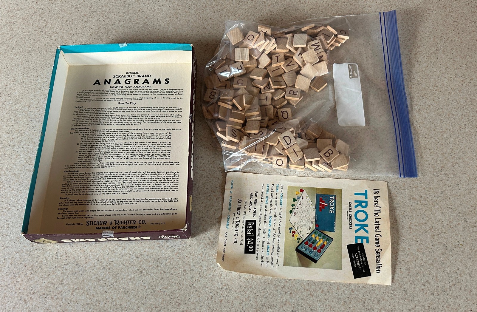 ANAGRAMS Tile Game (Vintage Selchow & Righter) — 1962 Complete In Box