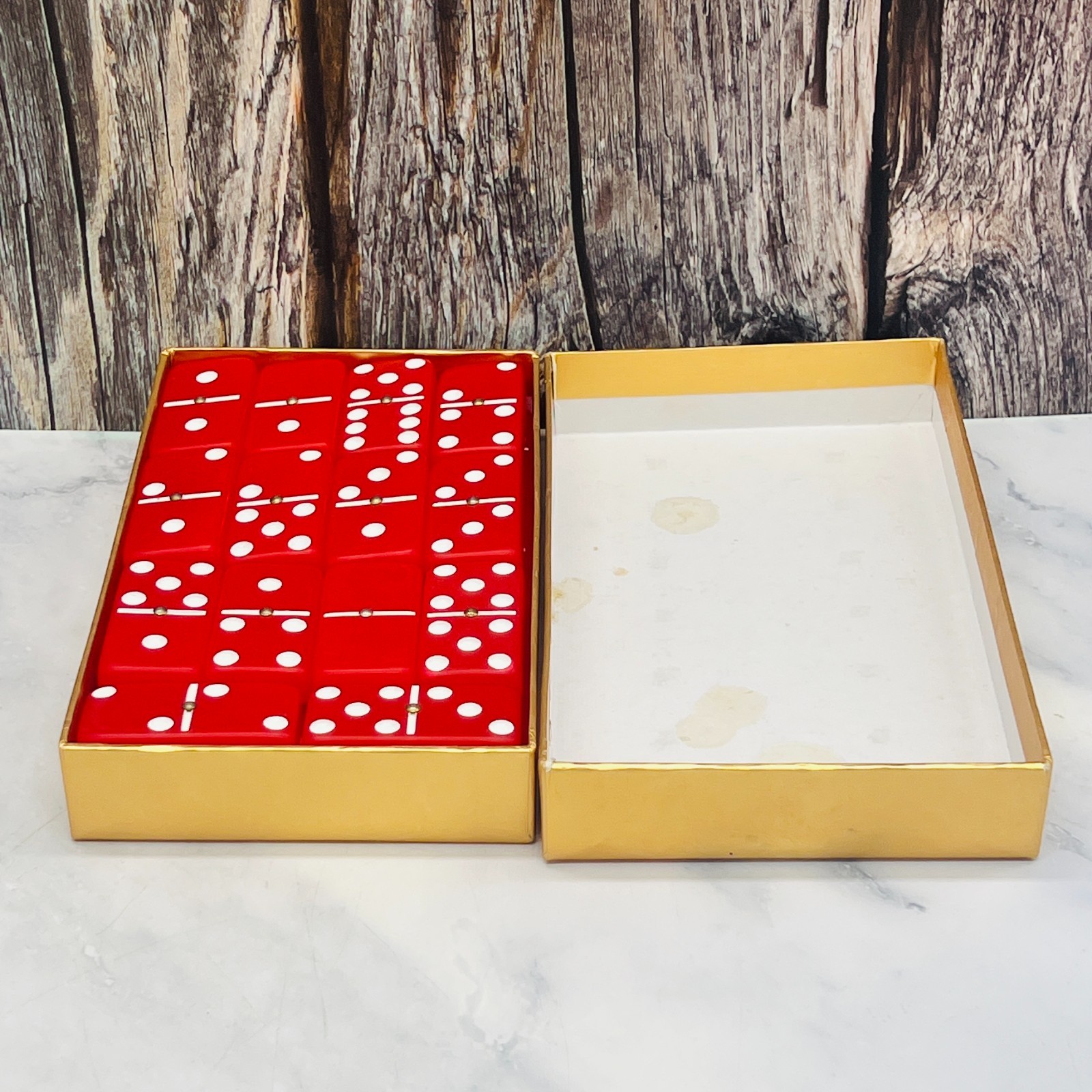 Vintage MCM Cherry Red Double Six 28 Tile Domino Set in Box