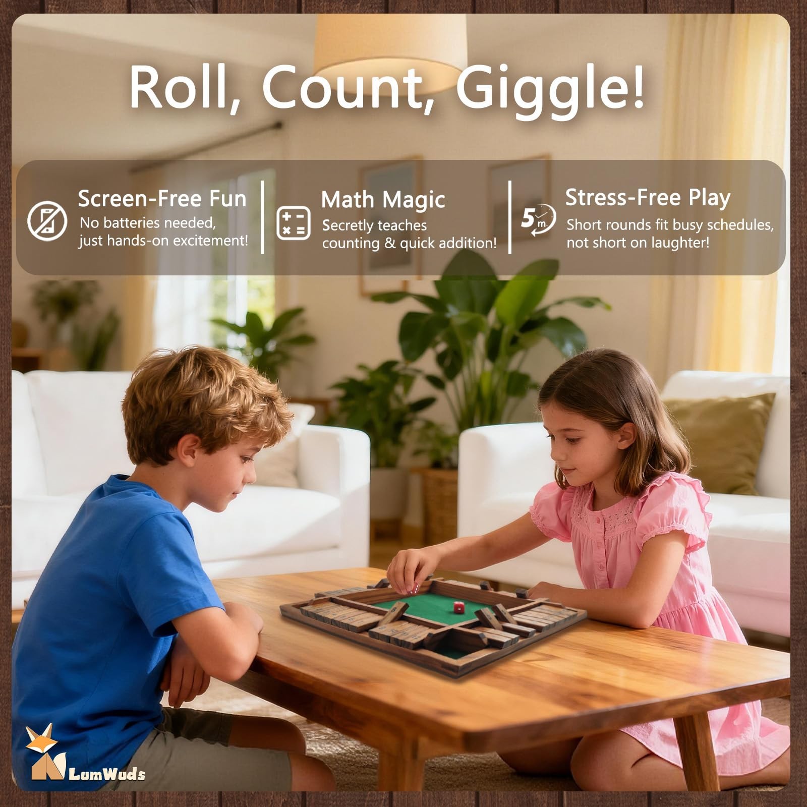 Shut The Box Game Wooden Board (13.78 Inches) for 1-4 Players, Family Dice Ga…