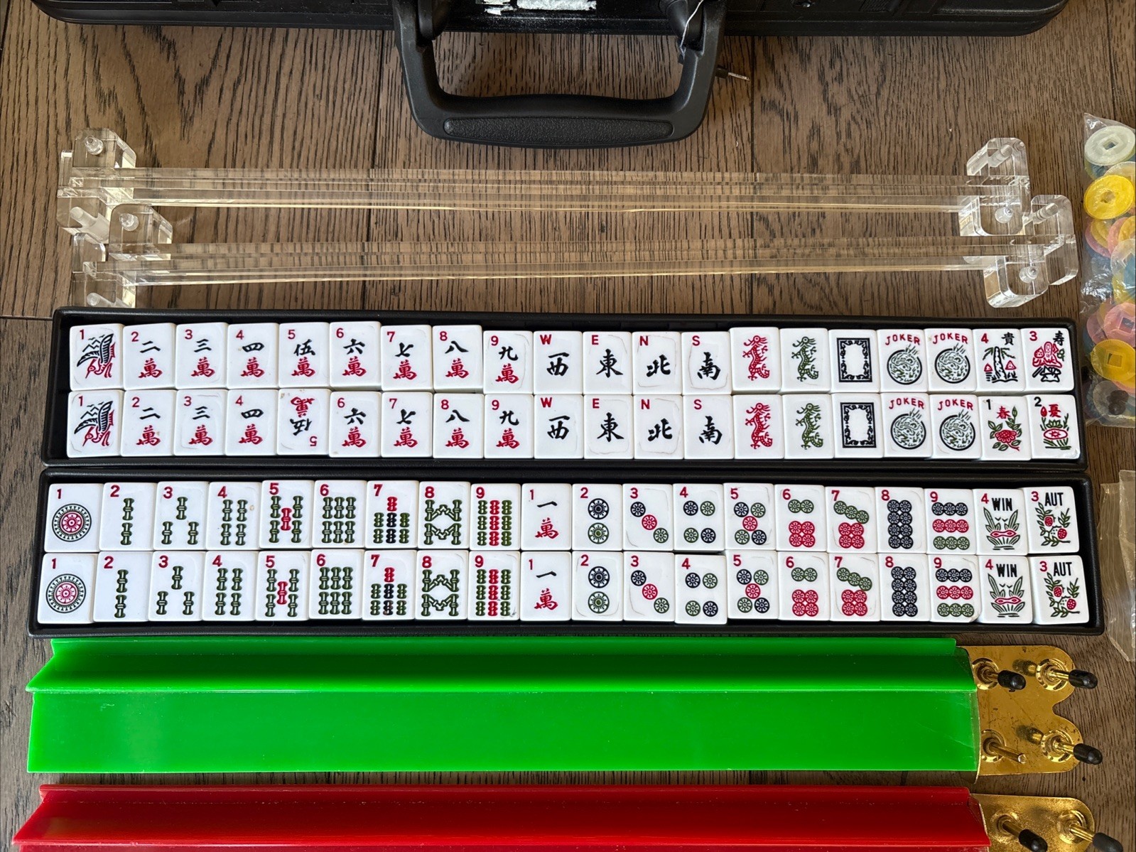 Mahjong Set 160 Tiles 4 Color Set Racks Pushers w/ Case
