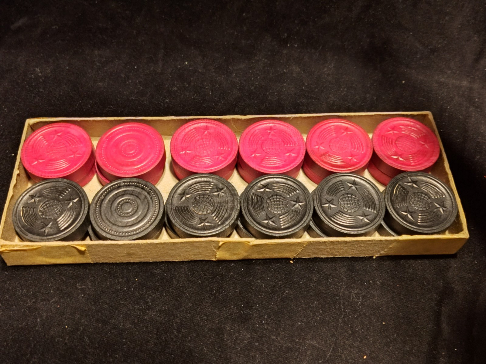 Vintage Halsam Checkers with Original Box Magenta Black 1940s