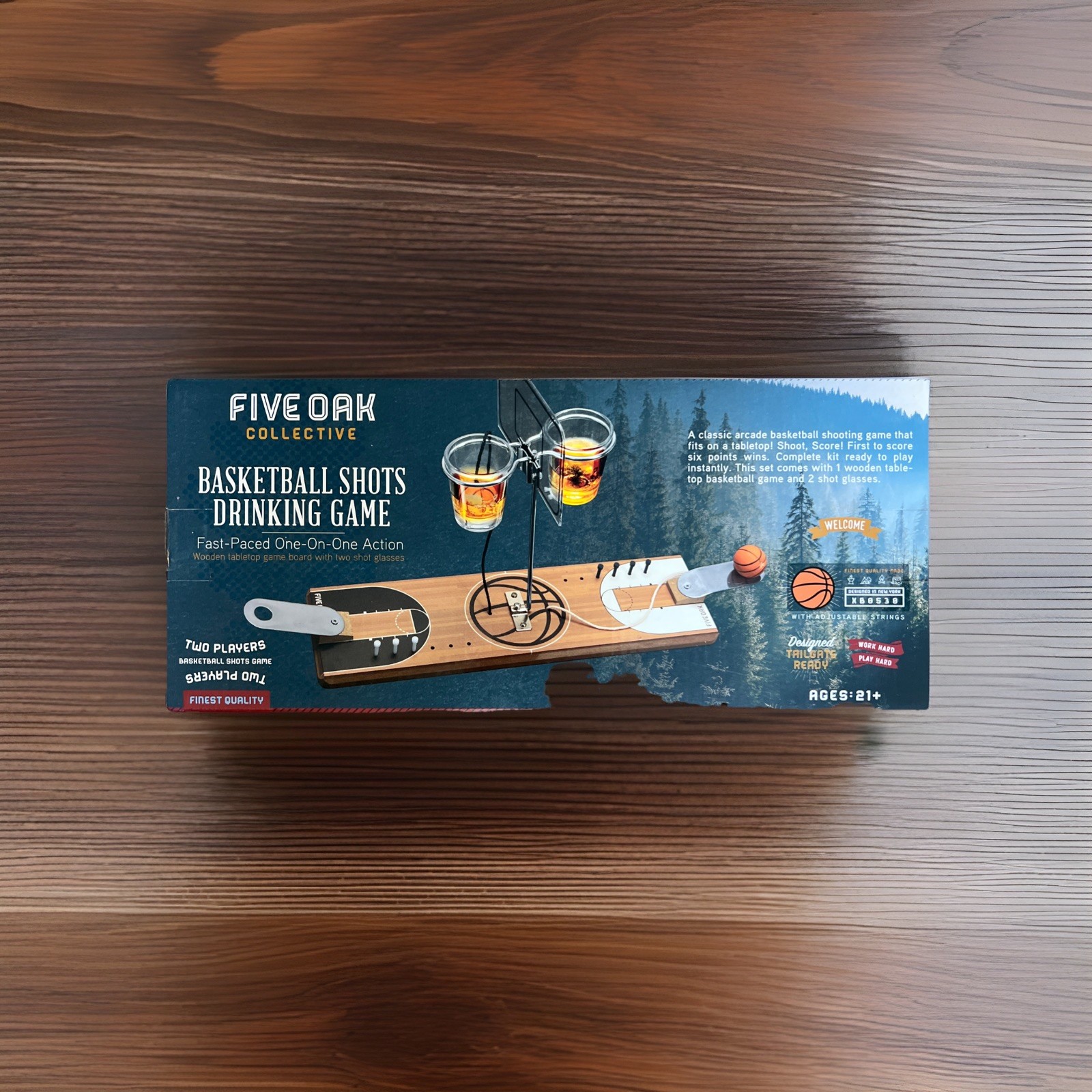 Five Oak Basketball Shots Drinking Game Tabletop Party Game w/ 2 Shot Glasses