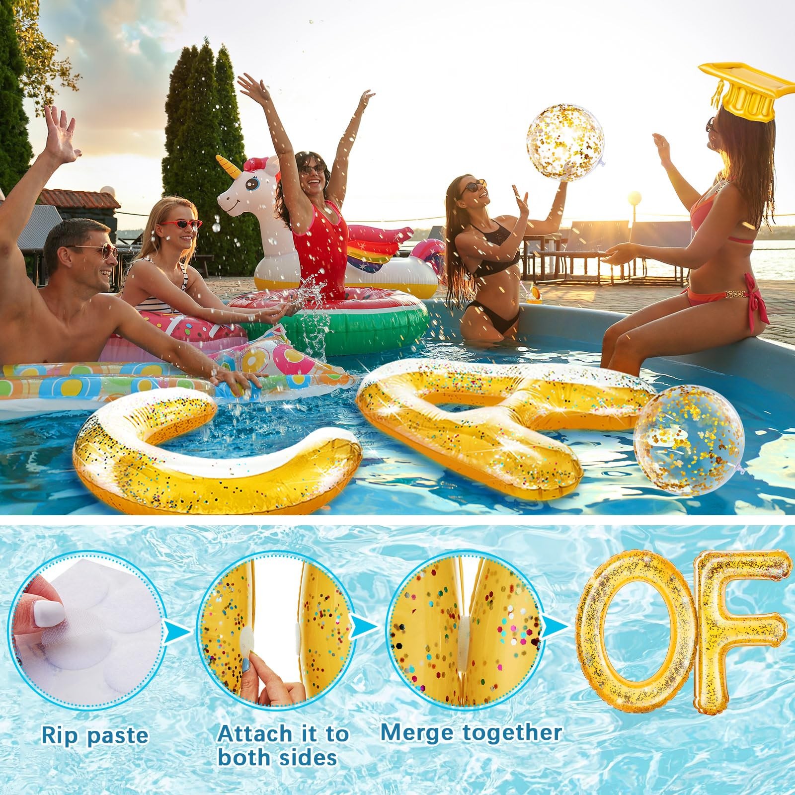 Pool Float Decorations 14 Pcs 30 x 40 Inch Class of 2026 Gold Sumind Extra Large