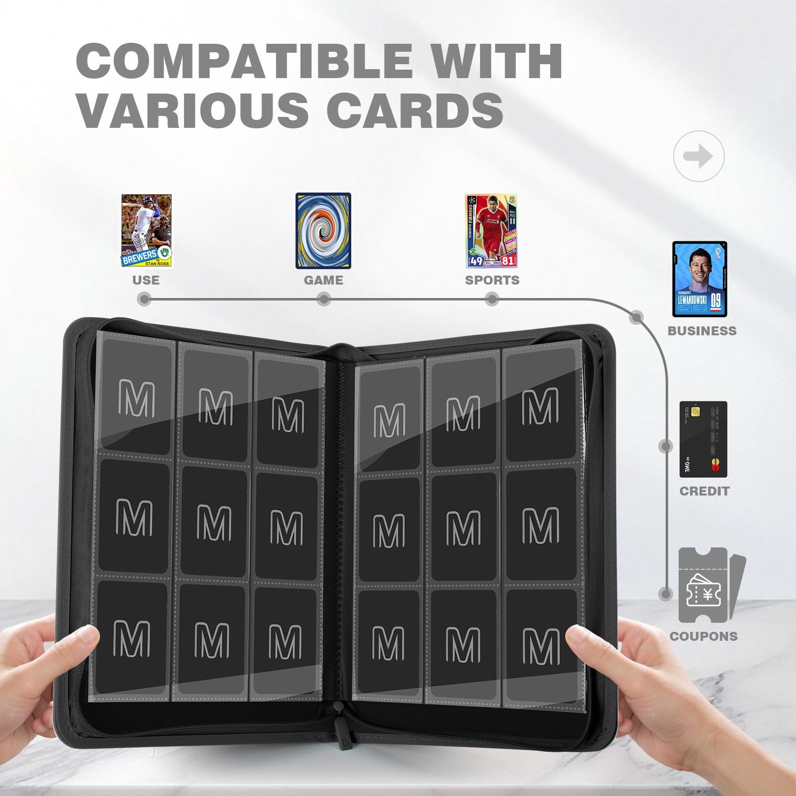Trading Card Binder with 9 Side Loading Pocket 12×12 inches, 9-Black