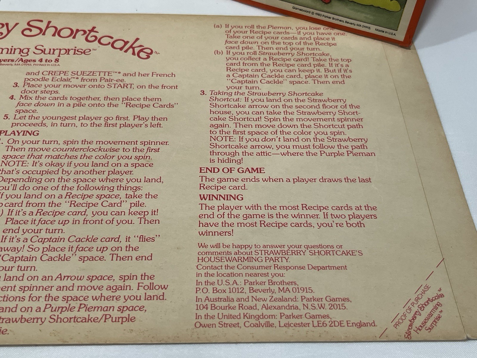 Strawberry Shortcake Housewarming Surprise 1983 Parker Bros – Board game & Rules