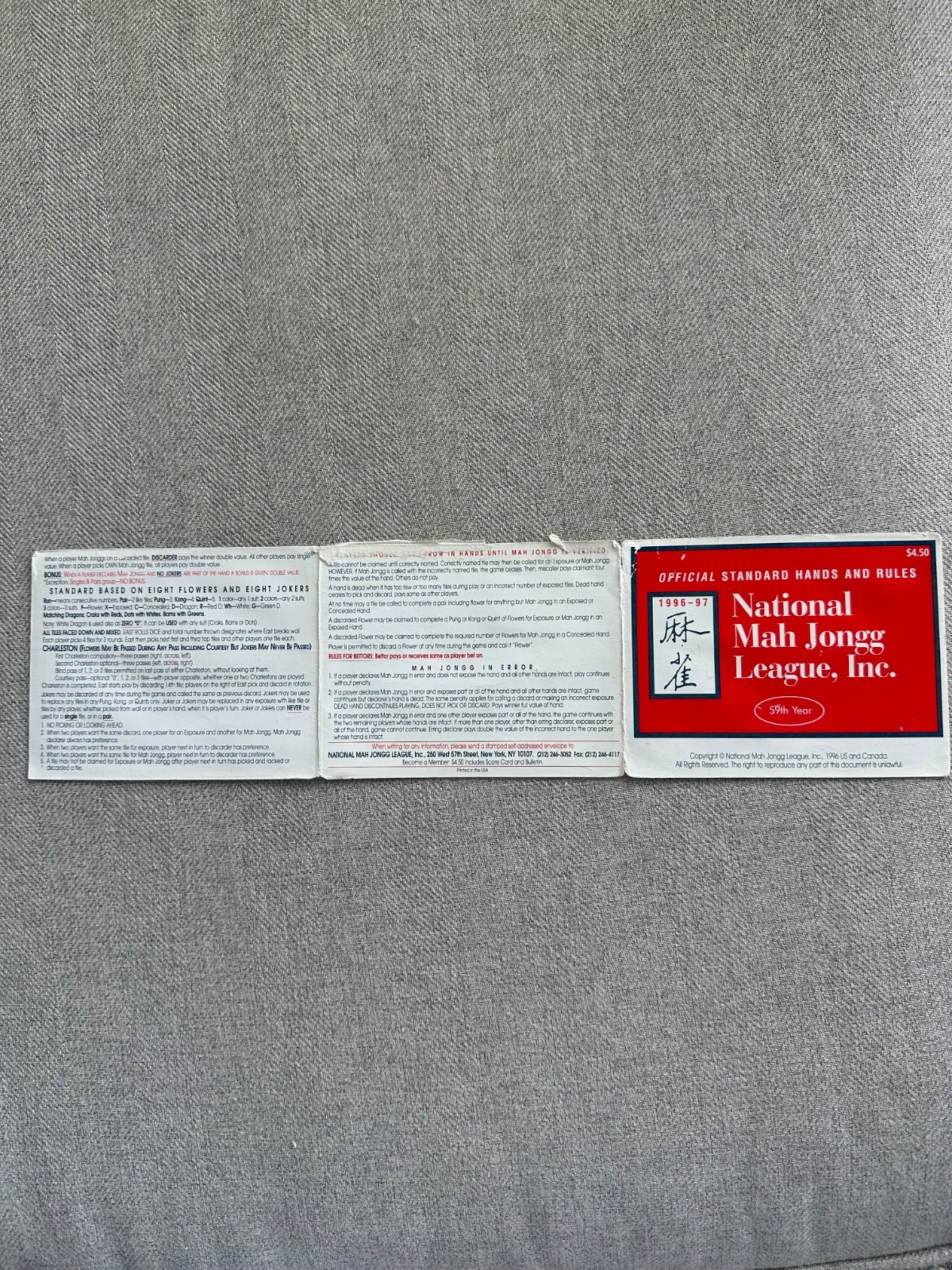 National Mah Jongg League Official Standard Hands And Rules Card 1996-97 59th