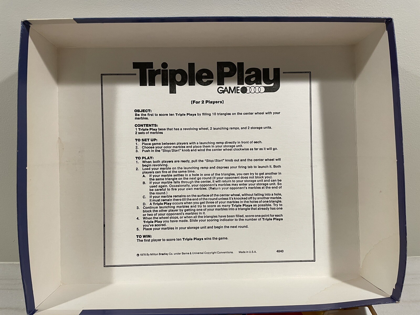 Vintage 1978 Milton Bradley 4840 Triple Play A Skill and Action Game For Ages 6+